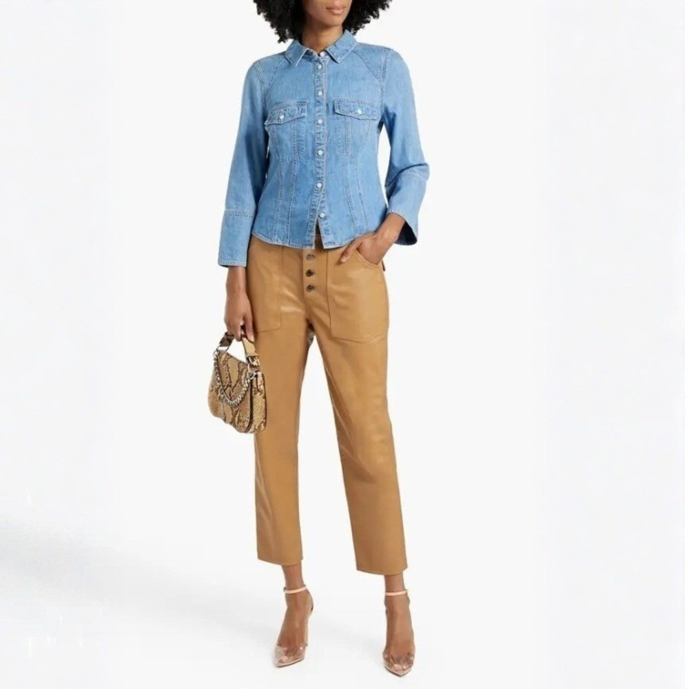 Veronica Beard Arya Straight Leg‎ Pants Faux Leather Camel High Rise Size 24